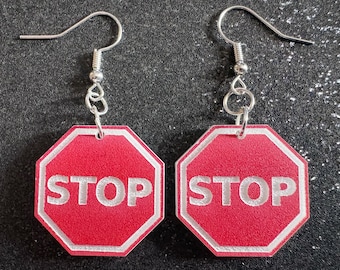Stop Sign Earrings: Laser Cut Acrylic Signs, No, Warning, Alarm, Attention Driving, Red & White Road Sign, Best Gifts for Her/Him/Them