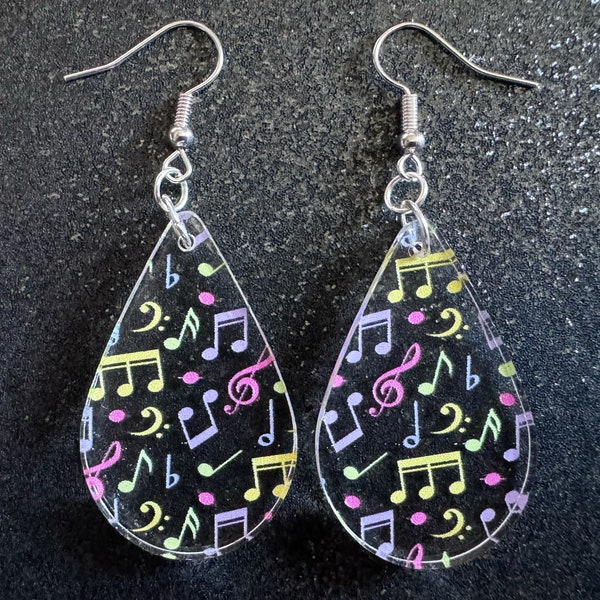 Colorful Music Note Earrings: Laser Cut Acrylic Sheet Music, Piano, Classical, Concert, Musician, Treble Cleff, Best Gifts for Her/Him/Them