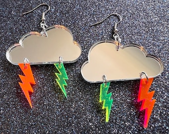 Party Neon Blitz Ohrringe: Laser geschnittene Acryl Blitze, Psychedelische, Säure, gespiegelte Wolken, beste Geschenke für Sie / Ihn / Sie