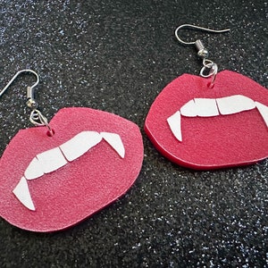 Red Vampire Lip Earrings: Laser Cut Acrylic Lips, Girl, Woman, Vampire, Kiss, Halloween, Valentines, Fangs, Best Gifts for Her/Him/Them