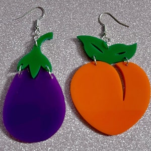 Peach & Eggplant Earrings: Laser Cut Acrylic Emojis, Fruit, Food Earrings, Obergine, Emoji, Summer Vibes, Best Gifts for Her/Him/Them