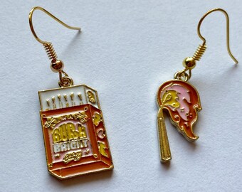 Match & Fire Earrings: Match Box, Burning Match, Flames, Camping, BBQ, Gifts for Her/Him/Them