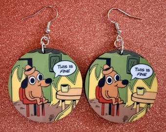 This is Fine Earrings: Laser Cut Acrylic Meme Earrings, Dog & Fire Memes, Novelty, Pop Culture, Green Earrings, Best Gifts for Her/Him/Them