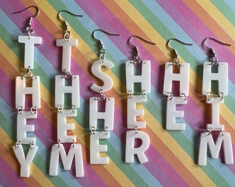 Pronoun Earrings: Pride, She, Her, He, Him, They, Them, Gender, Identity, Laser Cut Acrylic, Gifts for Her/Him/Them