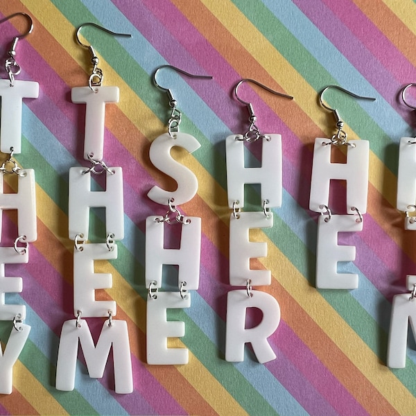 Pronoun Earrings: Pride, She, Her, He, Him, They, Them, Gender, Identity, Laser Cut Acrylic, Gifts for Her/Him/Them