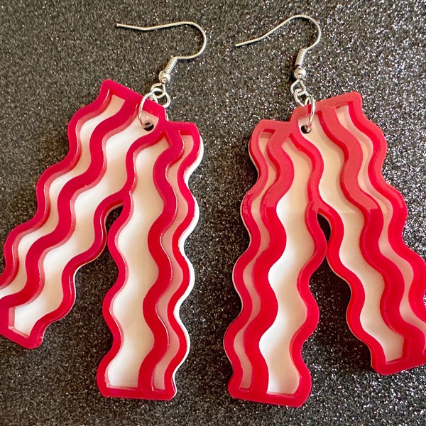 Large Bacon Earrings: Laser Cut Acrylic Bacon Earrings, Breakfast, Cooking, Bacon Strips, Pork, Food Earrings, Gifts for Her/Him/Them