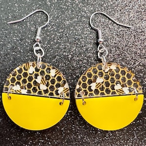 Bee Earrings: Laser Cut Acrylic Honey Bees, Bumblebees, Bumble Bees, Honeybees, Insects, Honey, Yellow, Hive, Best Gifts for Her/Him/Them