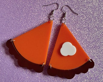 Pumpkin Pie Earrings: Laser Cut Acrylic Pumpkin Pie Slice with Whipped Cream, Cake, Dessert, Pastry, Fall, Christmas, Gifts for Her/Him/Them