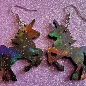 Galaxy Unicorn Earrings: Laser Cut Acrylic Space Earrings, Nebula, Magic, Magical Creature, Astrology, Astronomy, Gifts for Her/Him/Them