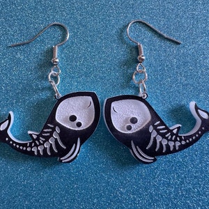 Dainty Halloween Whale Earrings: Laser Cut Acrylic Whales, Fish Skeleton, Novelty Costume Jewelry, Gag Gift, Best Gifts for Her/Him/Them
