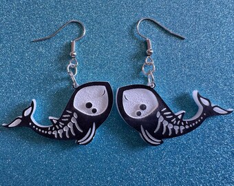 Dainty Halloween Whale Earrings: Laser Cut Acrylic Whales, Fish Skeleton, Novelty Costume Jewelry, Gag Gift, Best Gifts for Her/Him/Them