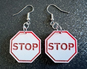 Stop Sign Earrings: Laser Cut Acrylic Signs, No, Warning, Alarm, Attention Driving, Red & White Road Sign, Best Gifts for Her/Him/Them