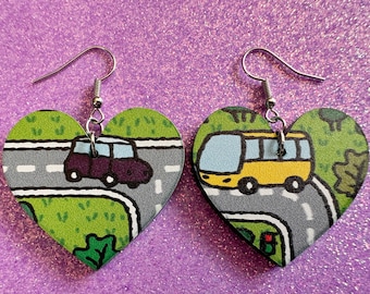 City Road Carpet Earrings: Laser Cut Acrylic Traffic Light, Car, Driving, Roads, Buildings, School Bus, Toy, Novelty, Gifts for Her/Him/Them