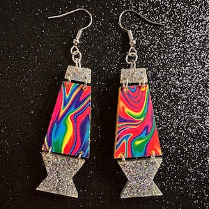 Lava Lamp Earrings: Laser Cut Acrylic Lava Lamps, Rainbow, Pop Culture, Colorful Retro Vibe, Glitter, Hippie, Best Gifts for Her/Him/Them