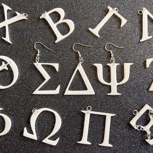 Pendientes de letras griegas: letras acrílicas cortadas con láser, idioma griego, palabras, hermandad, fraternidad, universidad, posgrado, regalos para ella/él/ellos