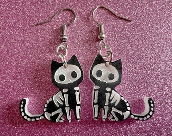 Dainty Halloween Cat Earrings: Laser Cut Acrylic Cat Skeletons, Black Cats, Spooky Cats, Kittens, Felines, Meow, Best Gifts for Her/Him/Them