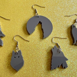 Wolf Earrings: Laser Cut Acrylic Wolves Howling at Moon, Halloween, Holiday, Dog, Canine, Horror, Scary, Spooky, Best Gifts for Her/Him/Them
