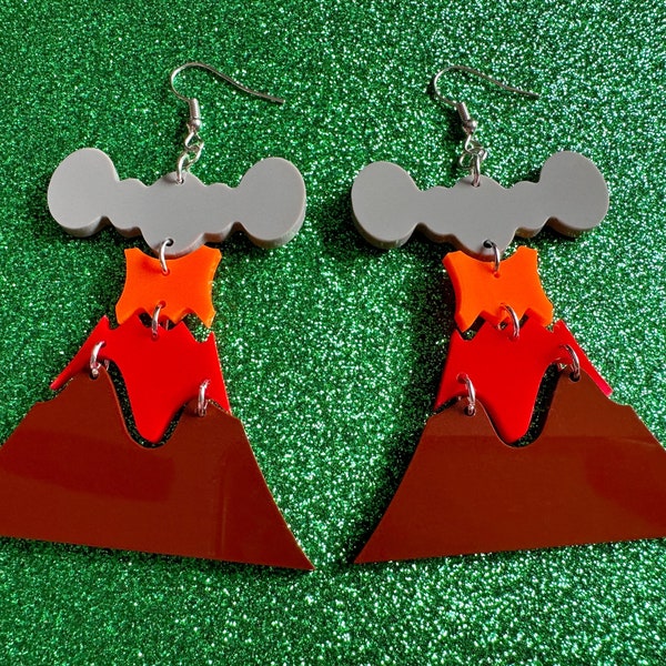 Volcano Earrings: Laser Cut Acrylic Volcanoes, Lava, Hawaiian Volcano, Goddess Pele, Volcanic Eruption, Mauna Loa, Gifts for Her/Him/Them