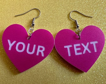 Custom Text Earrings: Laser Engraved Words, Pink with White Text, Letters, Names, Teacher Gift, Anniversary, Best Gifts for Her/Him/Them