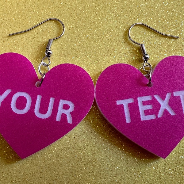 Custom Text Earrings: Laser Engraved Words, Pink with White Text, Letters, Names, Teacher Gift, Anniversary, Best Gifts for Her/Him/Them