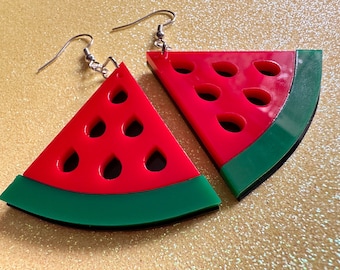 Watermelon Earrings: Laser Cut Acrylic Watermelons, Fruit, Summer Vibes, Food Earrings, Green Earrings, Sugar, Gifts for Her/Him/Them
