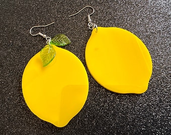 Lemon Earrings: Laser Cut Acrylic Lemons with Green Leaves, Lemonade, Fruit, Citrus, Food Earrings, Best Gifts for Her/Him/Them