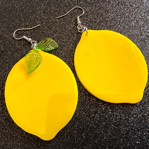 Lemon Earrings: Laser Cut Acrylic Lemons with Green Leaves, Lemonade, Fruit, Citrus, Food Earrings, Gifts for Her/Him/Them