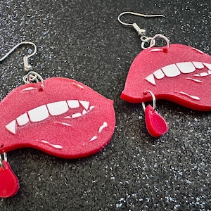 Red Vampire Lip Earrings: Laser Cut Acrylic Lips, Girl, Woman, Vampire, Kiss, Halloween, Valentines, Fangs, Best Gifts for Her/Him/Them