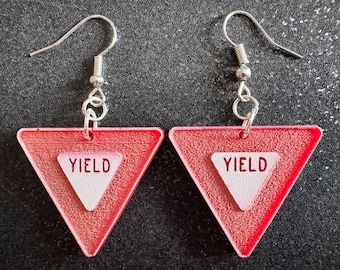 Yield Sign Earrings: Laser Cut Acrylic Signs, Warning, Alarm, Attention Driving, Red & White Road Sign, Best Gifts for Her/Him/Them