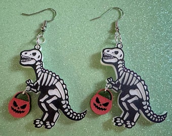 T-Rex Skeleton Earrings: Laser Cut Acrylic Dinosaurs with Jack-o-Lanterns, Halloween, Trick or Treat, Pumpkin, Best Gifts for Her/Him/Them