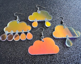 Iridescent Rain Cloud Earrings: Laser Cut Acrylic Raindrops, Rain Drops, Stormy Weather, Raining, Rain Storm, Cold, Gifts for Her/Him/Them