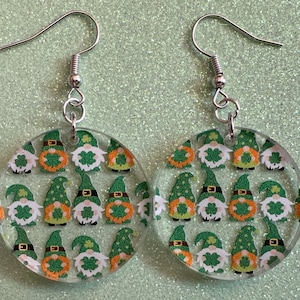 Green Gnome Earrings: Laser Cut Acrylic Gnomes, St. Patrick&#39;s Day, Green Earrings, Leprechaun, Four Leaf Clover, Best Gifts for Her/Him/Them