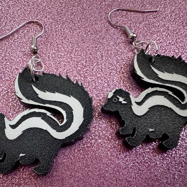 Skunk Earrings: Laser Cut Acrylic Skunks, Stinky Fart, Deadly Fart, Halloween, Animal, Novelty, Smelly, Zoo, Best Gifts for Her/Him/Them