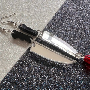 Bloody Knife Earrings: Halloween, Scary, Horror, Murder, Laser Cut Acrylic Knives Mirrored, Axe, Best Gifts for Her/Him/Them