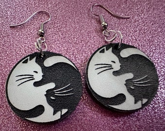 Yin and Yang Cat Earrings: Laser Cut Acrylic Cats, Kitty, Kitten, Cat, Animals, Feline, Black Cat, White Cat, Best Gifts for Her/Him/Them