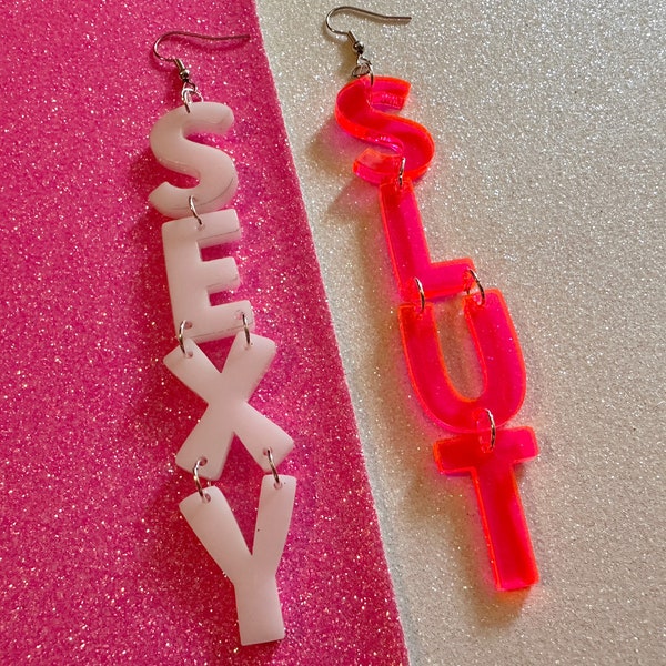 Sexy Slut Earrings: Laser Cut Words, Gag Gift, BFFS, Best Friend Gift, Girlfriends, Funny Bachelorette, Anniversary, Gifts for Her/Him/Them