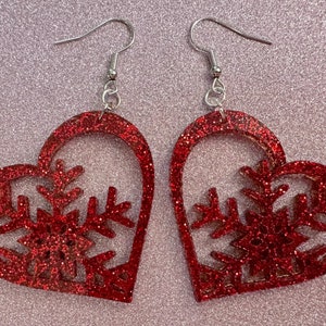 Glittery Heart Snowflake Earrings: Laser Cut Acrylic Snowflakes, Hearts, Stormy Weather, Snowing, Love Snow, Winter, Gifts for Her/Him/Them
