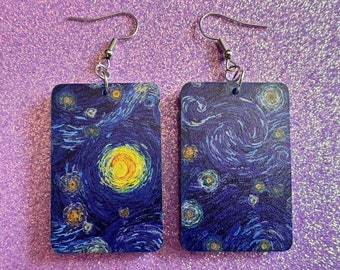 Starry Night Earrings: Laser Cut Acrylic Paintings, Van Gogh Immersive Experience, Famous Painting, Moon, Stars, Gifts for Her/Him/Them