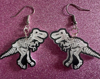 Dinosaur Skeleton Earrings: Laser Cut Acrylic Dinosaurs, Bones, Skeletons, Novelty Earrings, Costume Jewelry, Best Gifts for Her/Him/Them