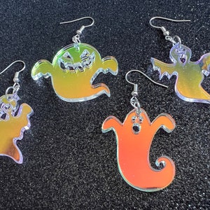 Iridescent Ghost Earrings: Laser Cut Acrylic Ghosts, Halloween, Haunted, Scary, Spooky, Gifts for Her/Him/Them image 2