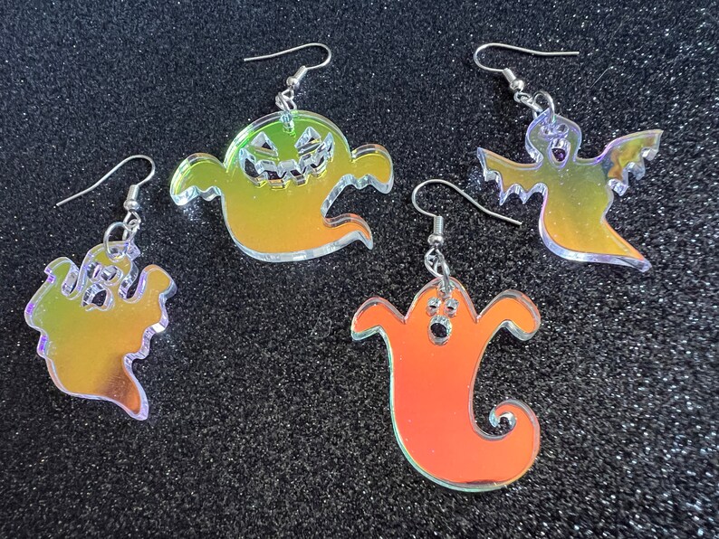 Iridescent Ghost Earrings: Laser Cut Acrylic Ghosts, Halloween, Haunted, Scary, Spooky, Gifts for Her/Him/Them image 2