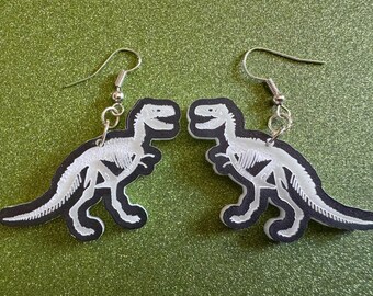 Dinosaur Skeleton Earrings: Laser Cut Acrylic Dinosaurs, Bones, Skeletons, Novelty Earrings, Costume Jewelry, Best Gifts for Her/Him/Them