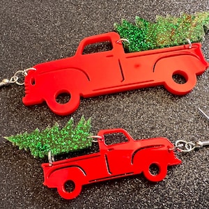 Christmas Truck Earrings: Laser Cut Acrylic Christmas Trees, Red Truck, X-mas, Xmas, Green Earrings, Winter, Best Gifts for Her/Him/Them