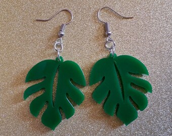 Tropical Leaf Earrings: Laser Cut Acrylic Leaves, House Plant, Monstera, Lush Green Earrings, Plants, Palm Tree, Best Gifts for Her/Him/Them