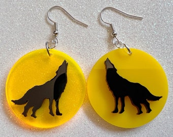 Howling Wolf in Front of Full Moon Earrings: Laser Cut Acrylic Halloween Earrings, Werewolf, Horror, Scary, Gifts for Her/Him/Them