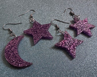 Glittery Purple Star and Moon Earrings: Laser Cut Acrylic Stars, Magic, Night Sky, Astrology, Astronomy, Best Gifts for Her/Him/Them