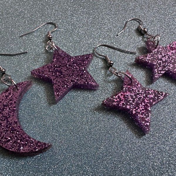 Glittery Purple Star and Moon Earrings: Laser Cut Acrylic Stars, Magic, Night Sky, Astrology, Astronomy, Best Gifts for Her/Him/Them