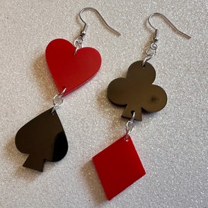 Playing Card Suit Earrings: Laser Cut Acrylic Heart, Diamond, Spades, Clubs, Game Night, Gamble, Poker, Casino, Best Gifts for Her/Him/Them