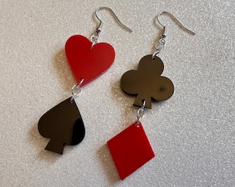 Playing Card Suit Earrings: Laser Cut Acrylic Heart, Diamond, Spades, Clubs, Game Night, Gamble, Poker, Casino, Best Gifts for Her/Him/Them