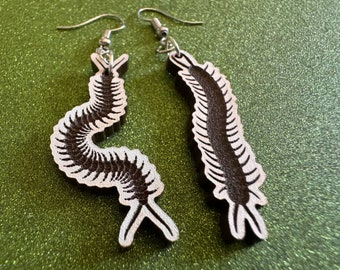 Centipede Earrings: Laser Cut Acrylic Centipedes, Bugs, Insects, Entomology, Novelty Costume Jewelry, Gag Gift, Best Gifts for Her/Him/Them